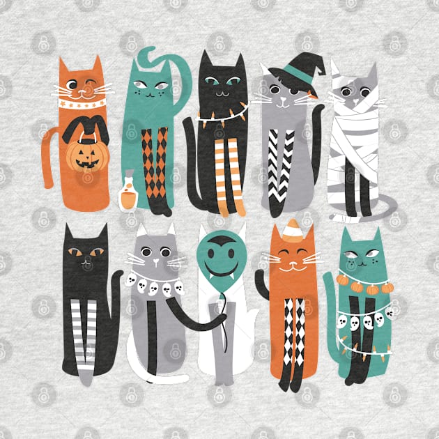 High Gothic Halloween Cats // print // pine green background orange grey green white and black kittens by SelmaCardoso